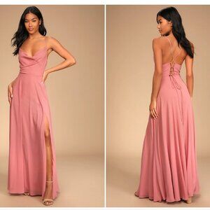 Rose Pink Cowl Lace-Up Maxi Dress (Lulus, XS, Like New)